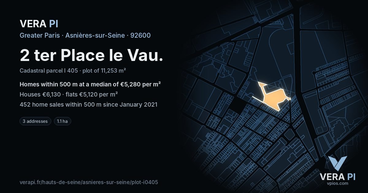 2 ter Place le Vau, Asnières-sur-Seine at night – the plot lit, the parcels around coloured by the prices near them