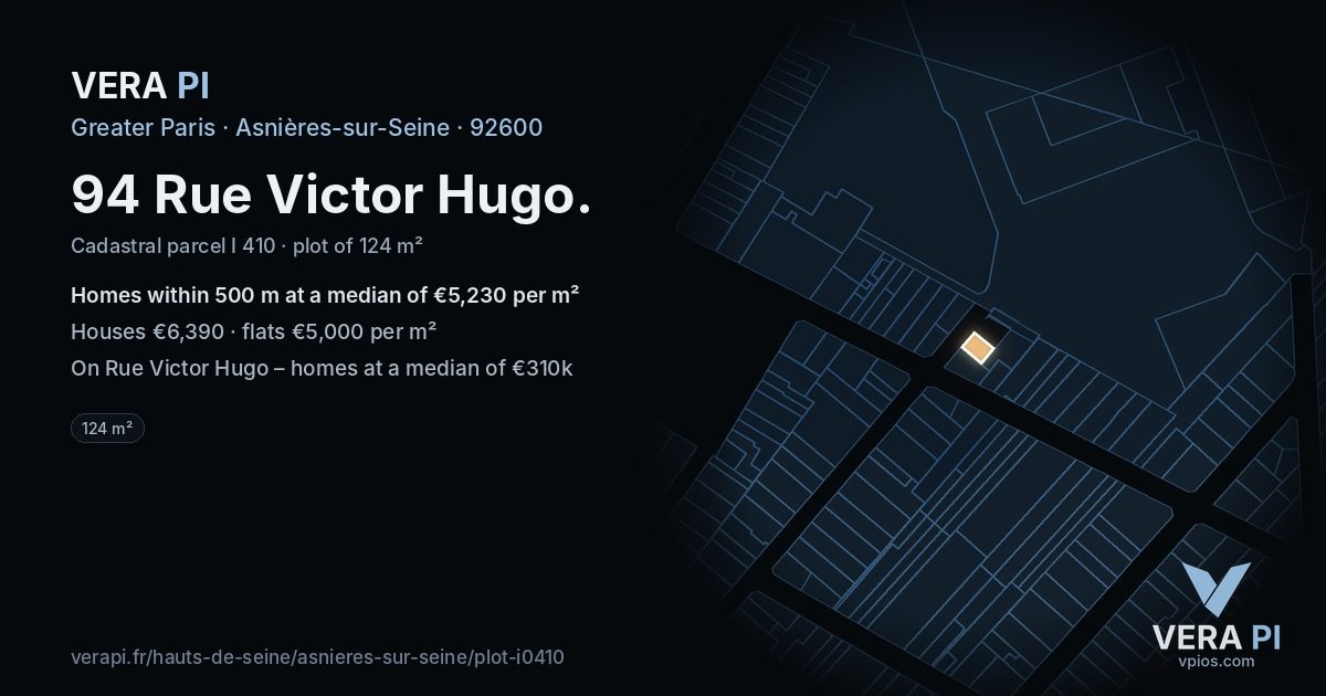 94 Rue Victor Hugo, Asnières-sur-Seine at night – the plot lit, the parcels around coloured by the prices near them