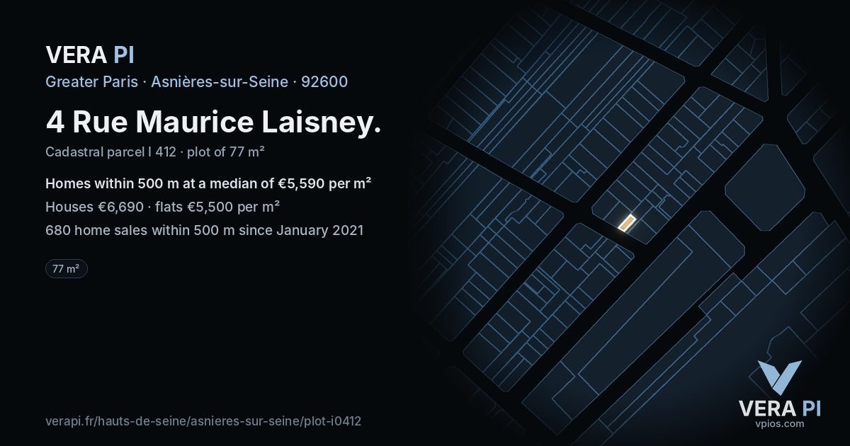 4 Rue Maurice Laisney, Asnières-sur-Seine at night – the plot lit, the parcels around coloured by the prices near them
