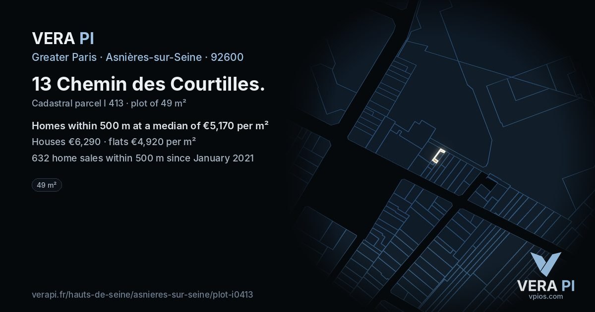 13 Chemin des Courtilles, Asnières-sur-Seine at night – the plot lit, the parcels around coloured by the prices near them