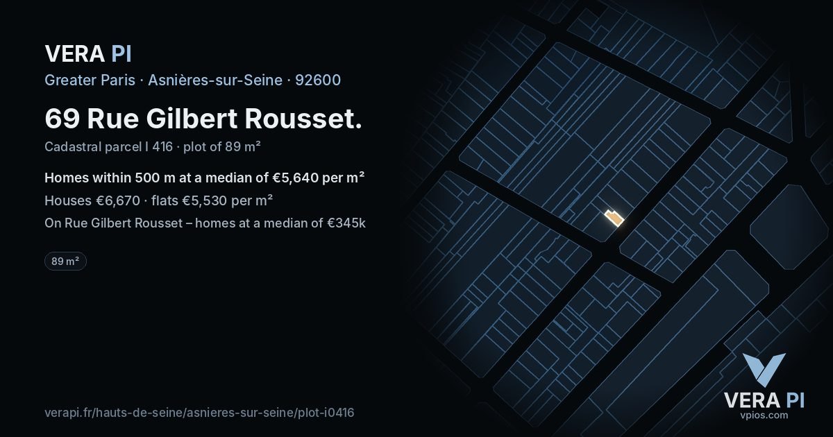 69 Rue Gilbert Rousset, Asnières-sur-Seine at night – the plot lit, the parcels around coloured by the prices near them