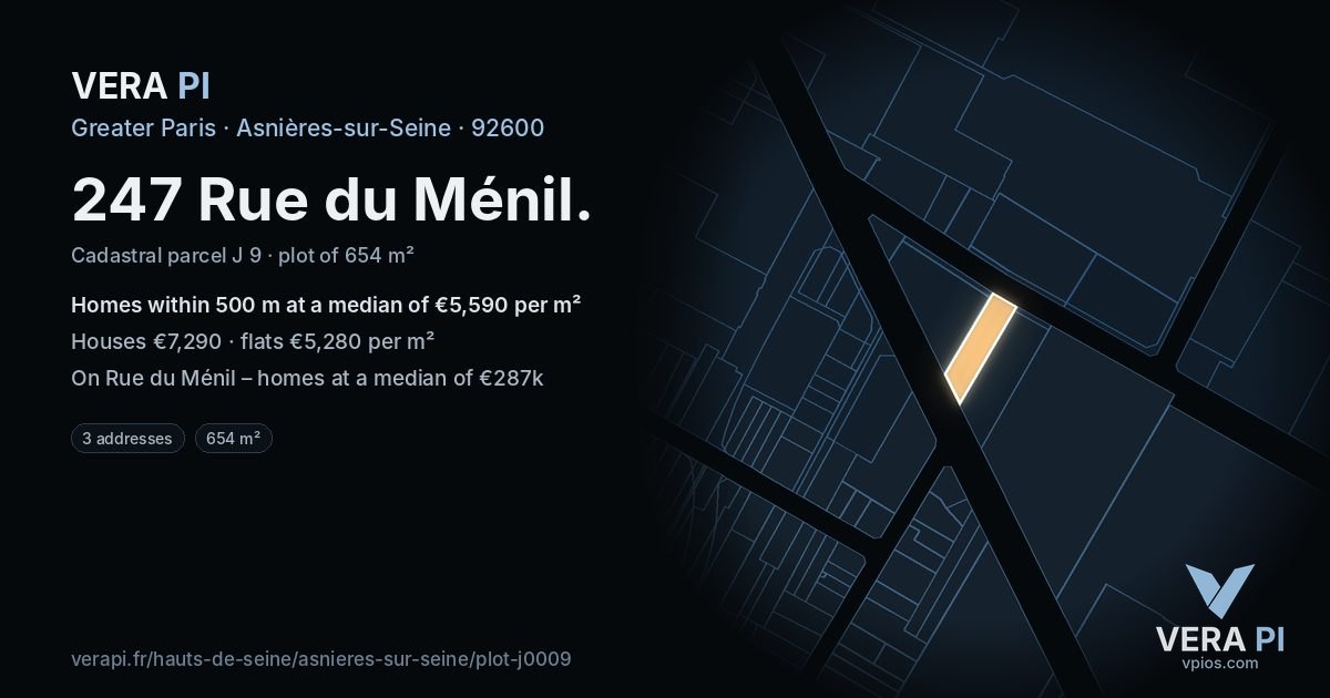 247 Rue du Ménil, Asnières-sur-Seine at night – the plot lit, the parcels around coloured by the prices near them