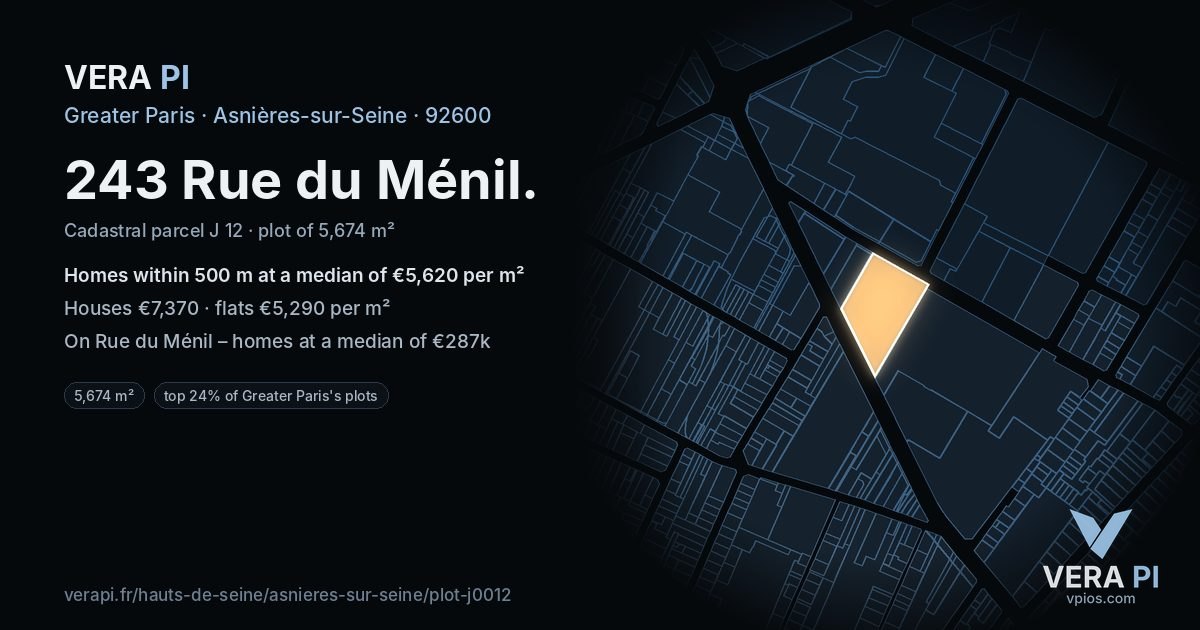 243 Rue du Ménil, Asnières-sur-Seine at night – the plot lit, the parcels around coloured by the prices near them