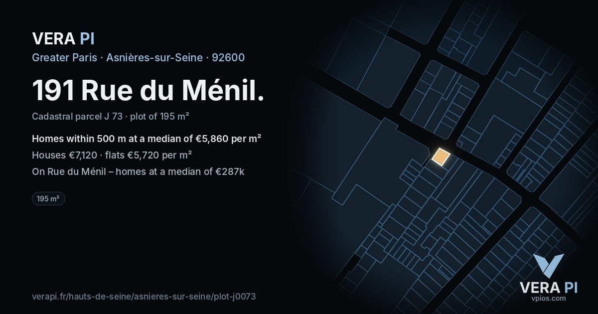 191 Rue du Ménil, Asnières-sur-Seine at night – the plot lit, the parcels around coloured by the prices near them