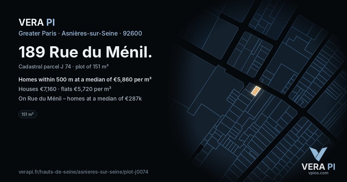 189 Rue du Ménil, Asnières-sur-Seine at night – the plot lit, the parcels around coloured by the prices near them