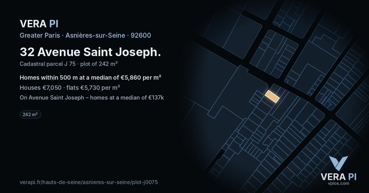 32 Avenue Saint Joseph, Asnières-sur-Seine at night – the plot lit, the parcels around coloured by the prices near them