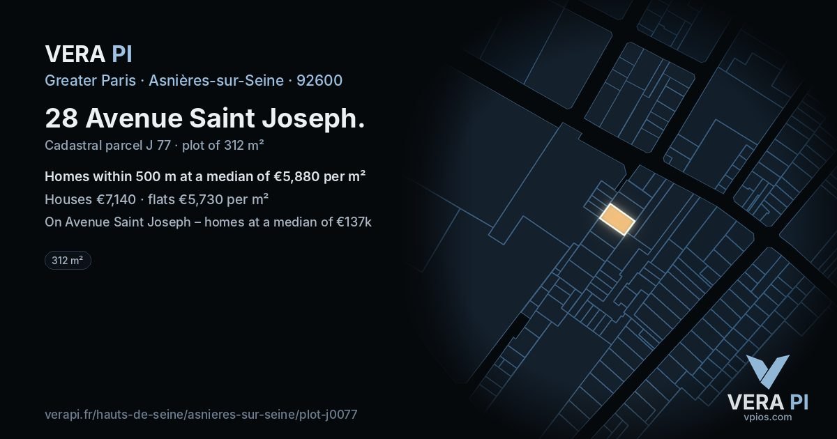 28 Avenue Saint Joseph, Asnières-sur-Seine at night – the plot lit, the parcels around coloured by the prices near them