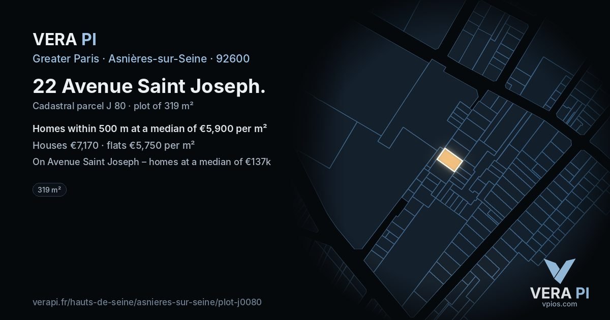 22 Avenue Saint Joseph, Asnières-sur-Seine at night – the plot lit, the parcels around coloured by the prices near them