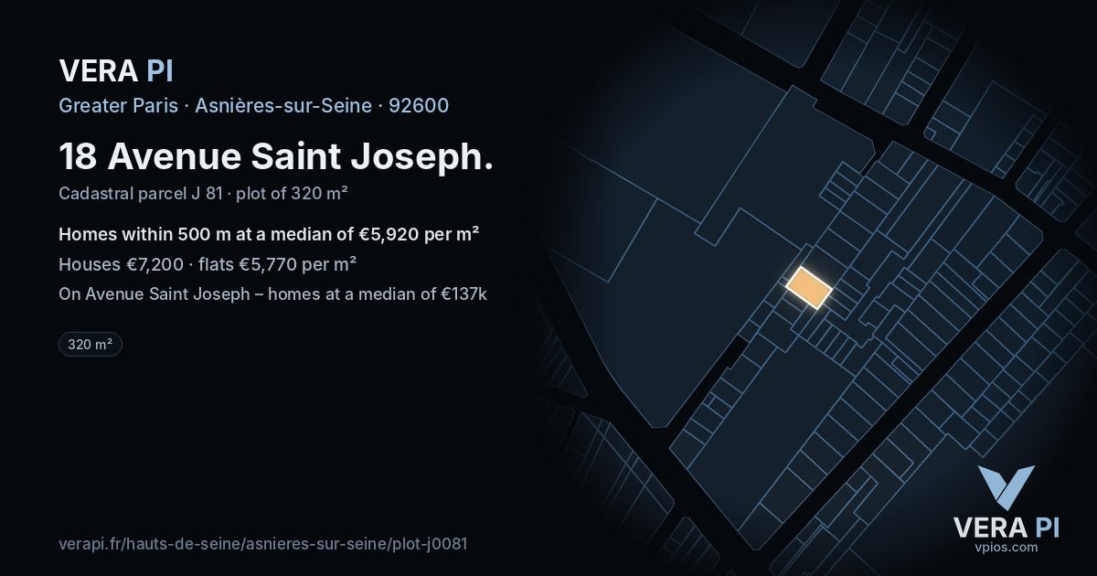 18 Avenue Saint Joseph, Asnières-sur-Seine at night – the plot lit, the parcels around coloured by the prices near them