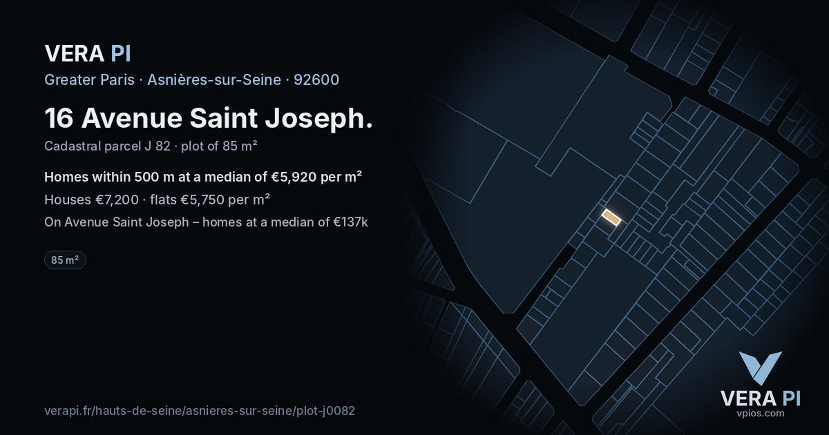 16 Avenue Saint Joseph, Asnières-sur-Seine at night – the plot lit, the parcels around coloured by the prices near them