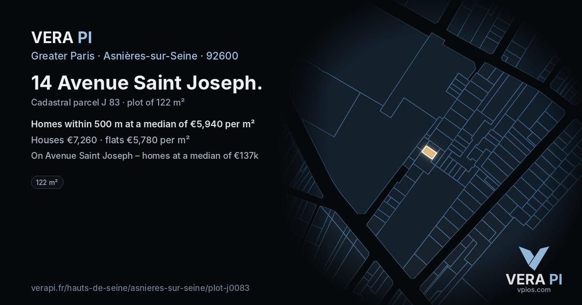 14 Avenue Saint Joseph, Asnières-sur-Seine at night – the plot lit, the parcels around coloured by the prices near them