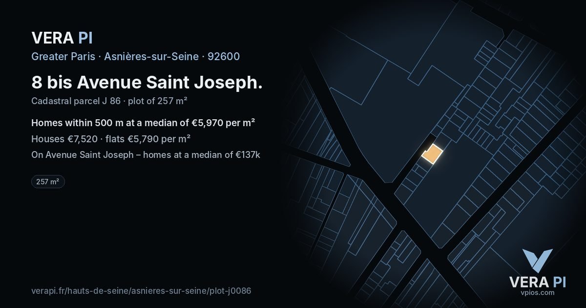 8 bis Avenue Saint Joseph, Asnières-sur-Seine at night – the plot lit, the parcels around coloured by the prices near them
