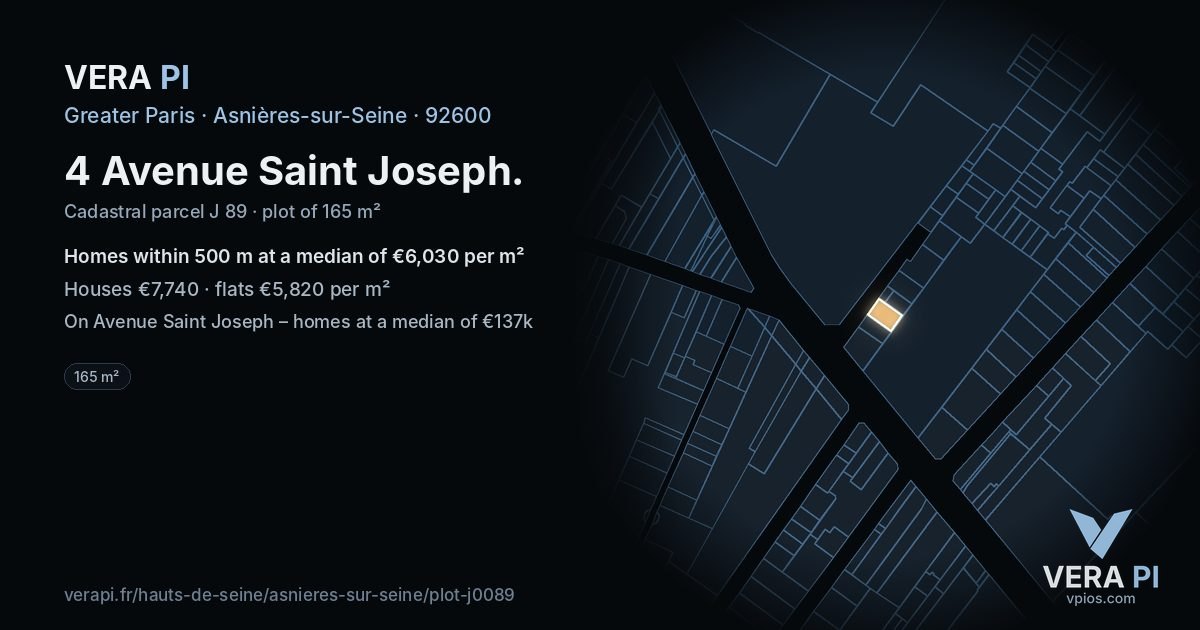 4 Avenue Saint Joseph, Asnières-sur-Seine at night – the plot lit, the parcels around coloured by the prices near them