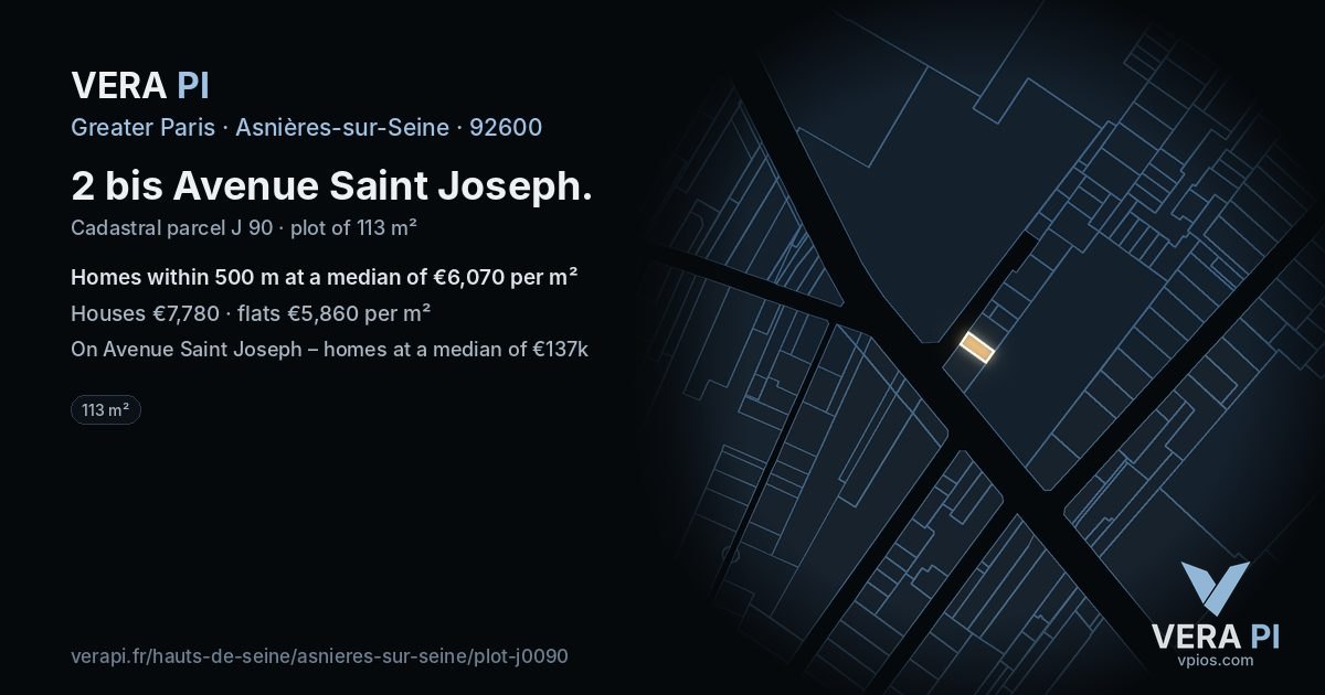 2 bis Avenue Saint Joseph, Asnières-sur-Seine at night – the plot lit, the parcels around coloured by the prices near them