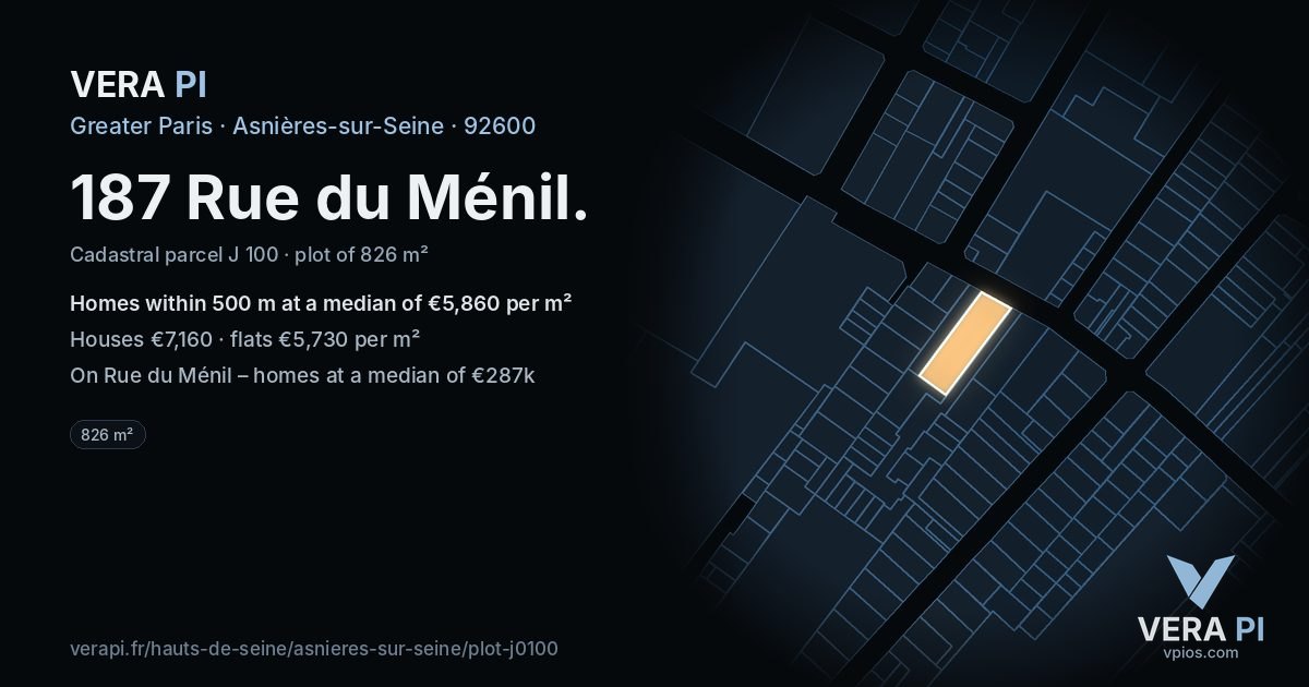187 Rue du Ménil, Asnières-sur-Seine at night – the plot lit, the parcels around coloured by the prices near them