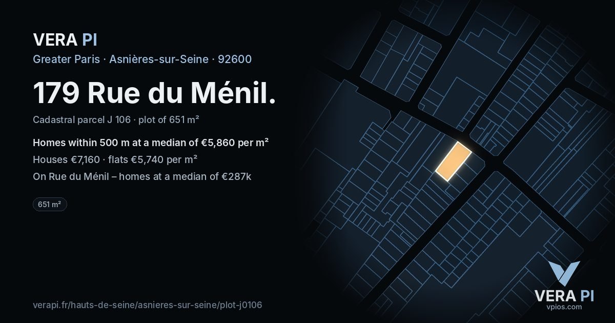 179 Rue du Ménil, Asnières-sur-Seine at night – the plot lit, the parcels around coloured by the prices near them