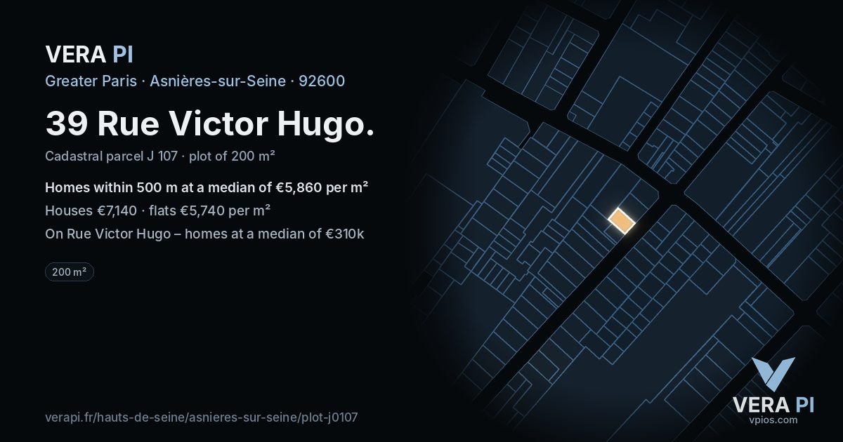 39 Rue Victor Hugo, Asnières-sur-Seine at night – the plot lit, the parcels around coloured by the prices near them