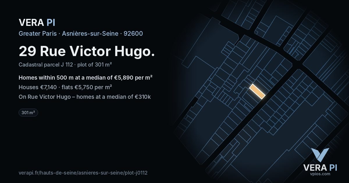 29 Rue Victor Hugo, Asnières-sur-Seine at night – the plot lit, the parcels around coloured by the prices near them