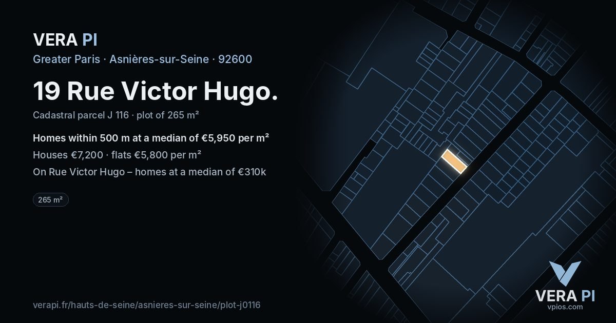 19 Rue Victor Hugo, Asnières-sur-Seine at night – the plot lit, the parcels around coloured by the prices near them