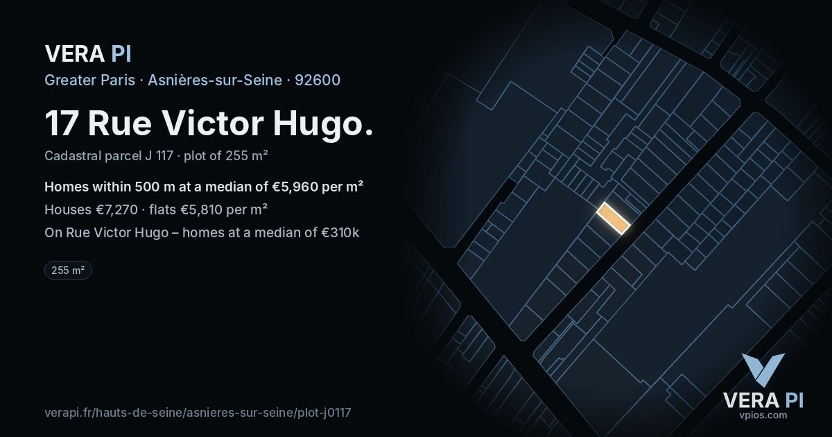 17 Rue Victor Hugo, Asnières-sur-Seine at night – the plot lit, the parcels around coloured by the prices near them