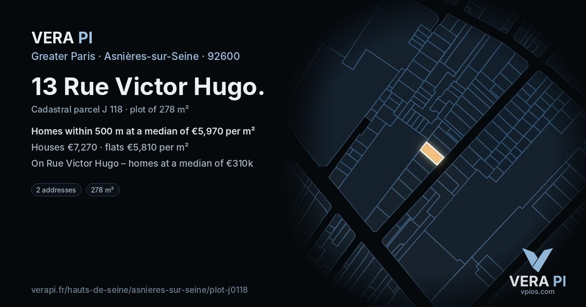 13 Rue Victor Hugo, Asnières-sur-Seine at night – the plot lit, the parcels around coloured by the prices near them