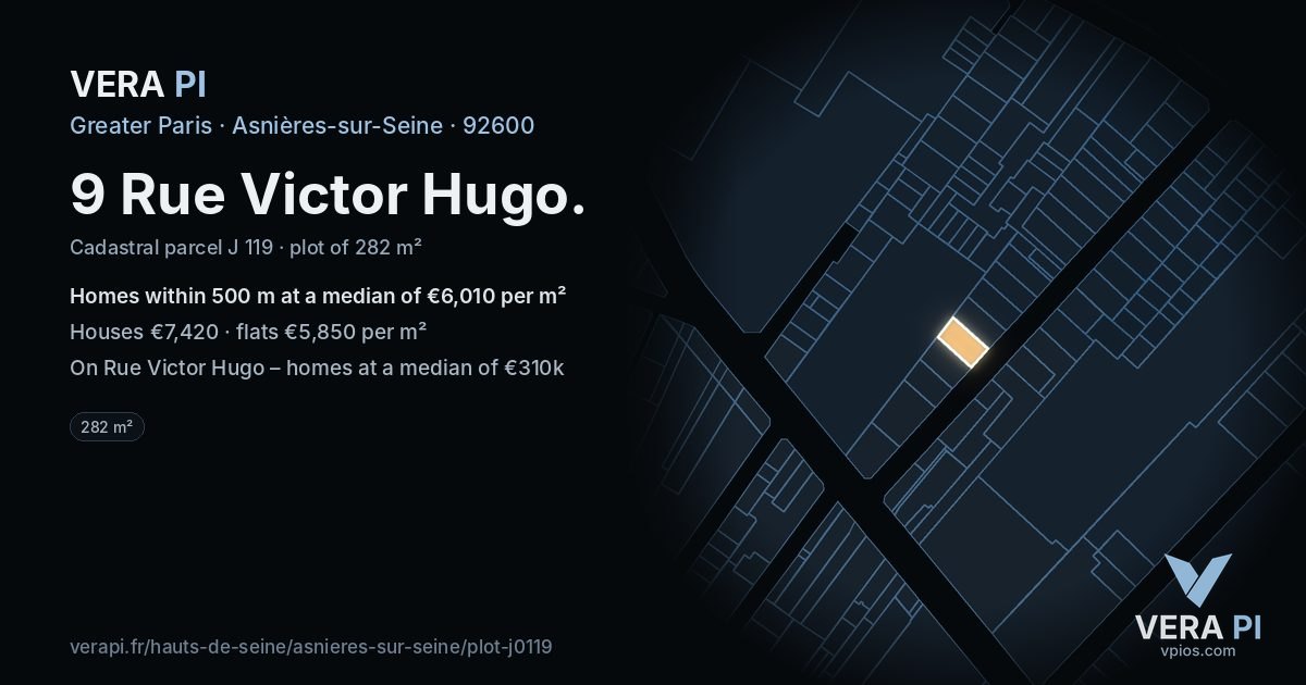 9 Rue Victor Hugo, Asnières-sur-Seine at night – the plot lit, the parcels around coloured by the prices near them