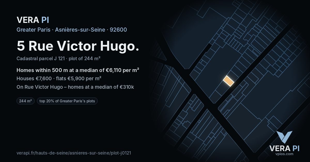 5 Rue Victor Hugo, Asnières-sur-Seine at night – the plot lit, the parcels around coloured by the prices near them