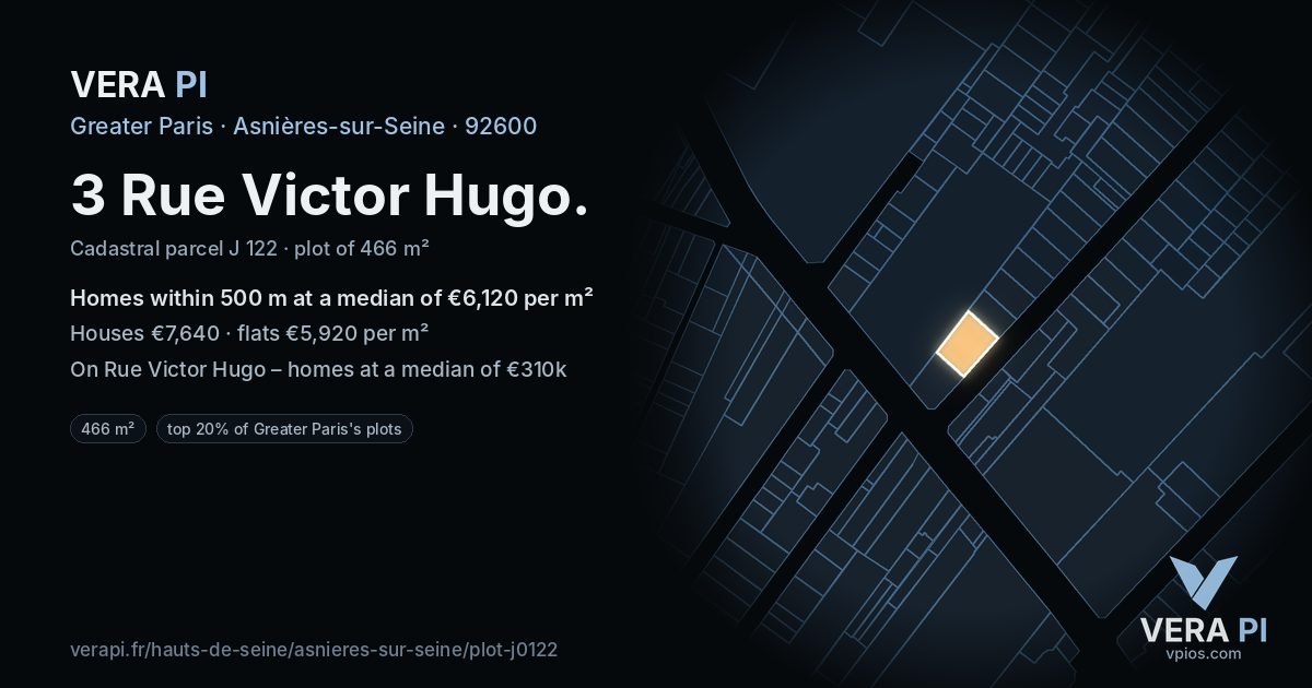 3 Rue Victor Hugo, Asnières-sur-Seine at night – the plot lit, the parcels around coloured by the prices near them