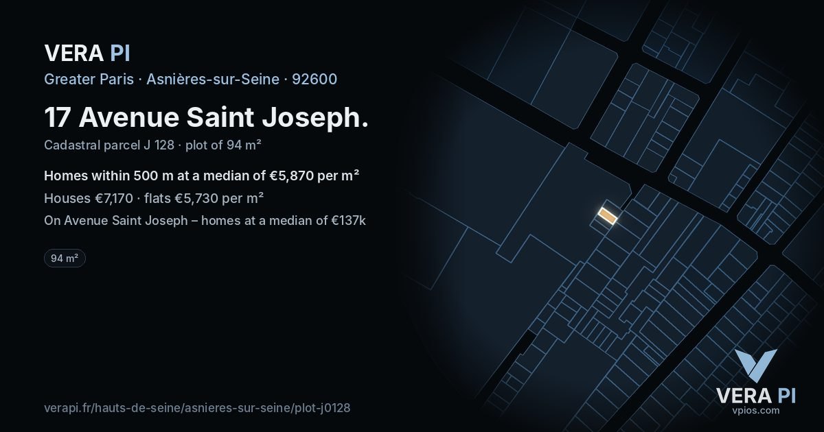 17 Avenue Saint Joseph, Asnières-sur-Seine at night – the plot lit, the parcels around coloured by the prices near them