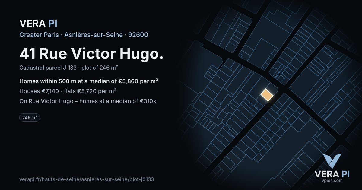 41 Rue Victor Hugo, Asnières-sur-Seine at night – the plot lit, the parcels around coloured by the prices near them