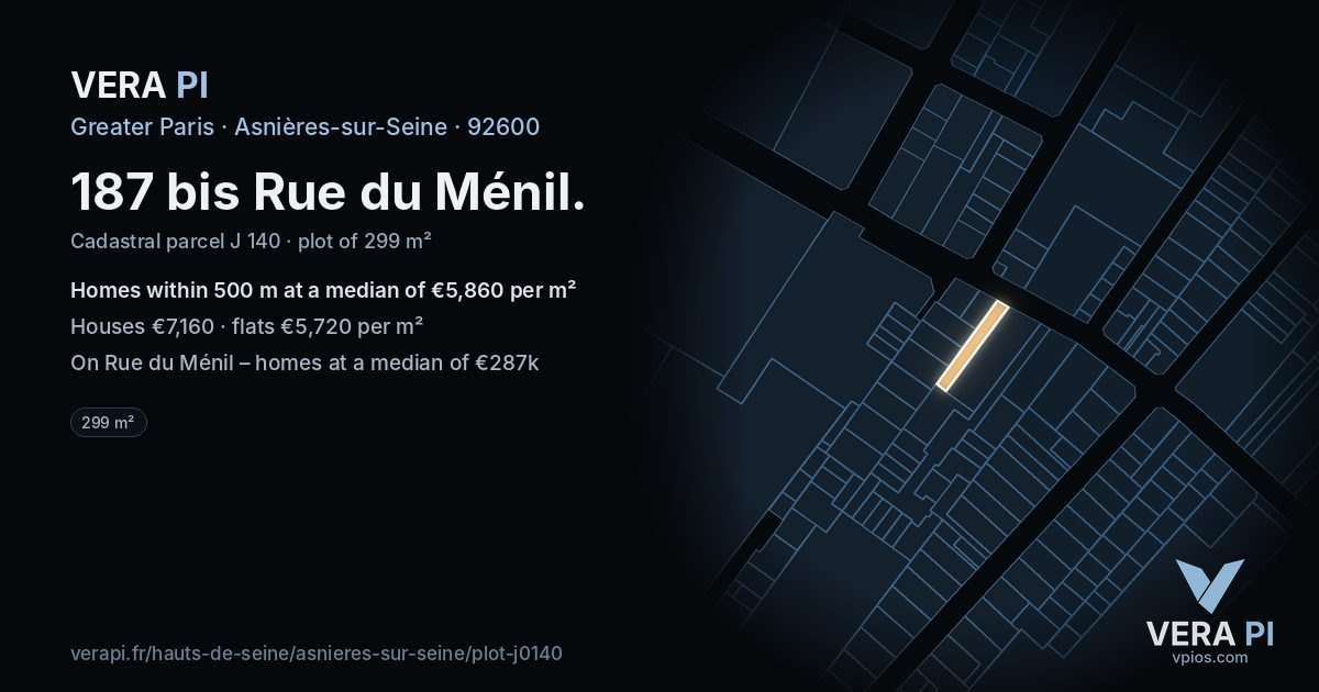 187 bis Rue du Ménil, Asnières-sur-Seine at night – the plot lit, the parcels around coloured by the prices near them