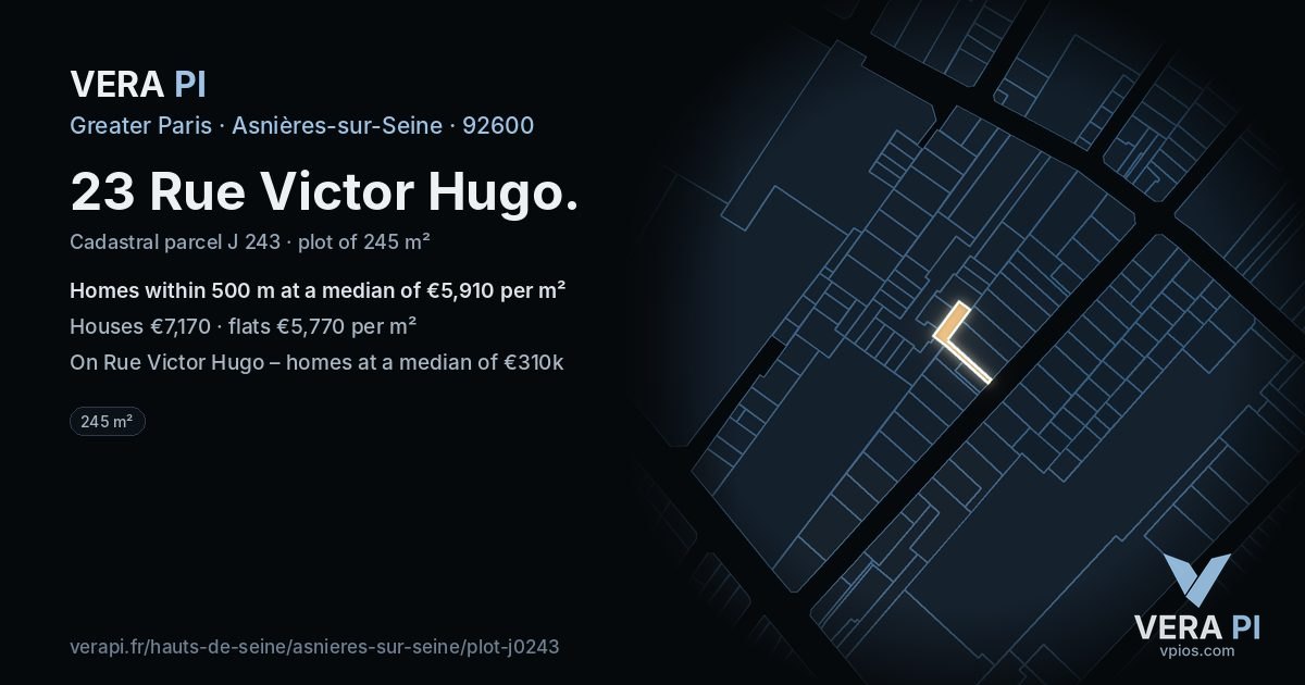 23 Rue Victor Hugo, Asnières-sur-Seine at night – the plot lit, the parcels around coloured by the prices near them