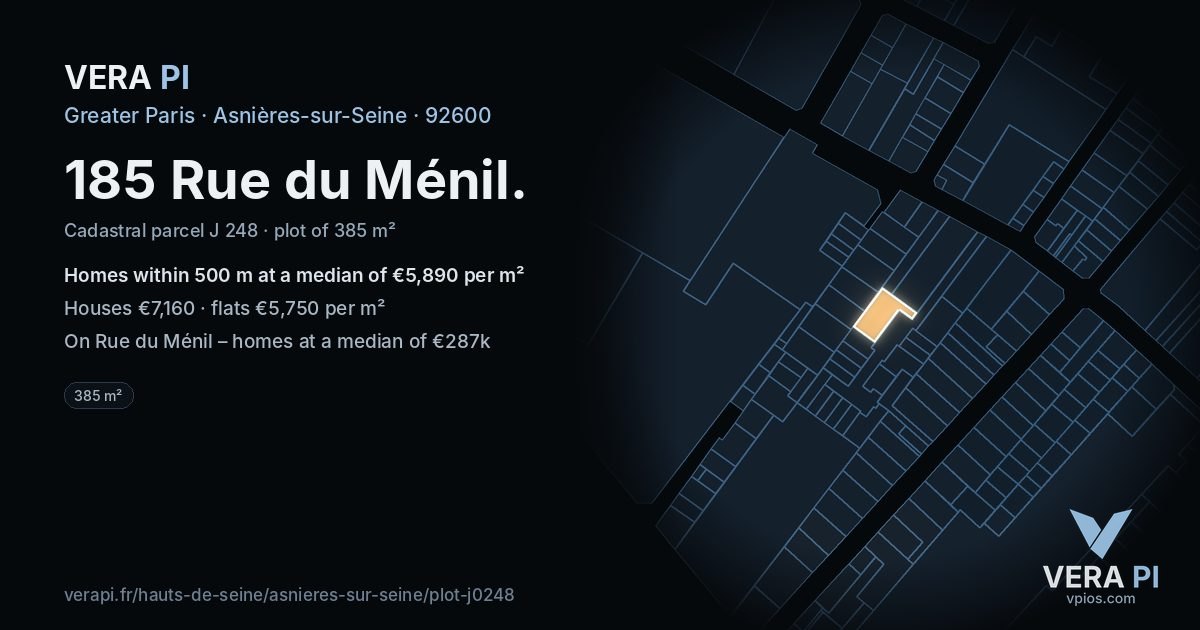 185 Rue du Ménil, Asnières-sur-Seine at night – the plot lit, the parcels around coloured by the prices near them