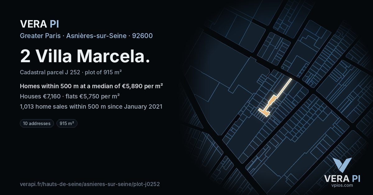 2 Villa Marcela, Asnières-sur-Seine at night – the plot lit, the parcels around coloured by the prices near them