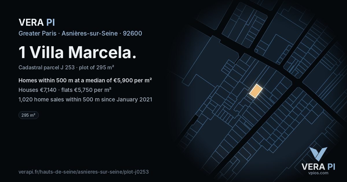 1 Villa Marcela, Asnières-sur-Seine at night – the plot lit, the parcels around coloured by the prices near them