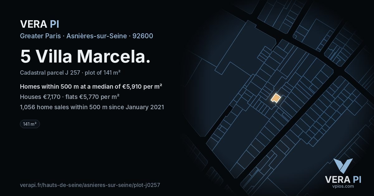 5 Villa Marcela, Asnières-sur-Seine at night – the plot lit, the parcels around coloured by the prices near them
