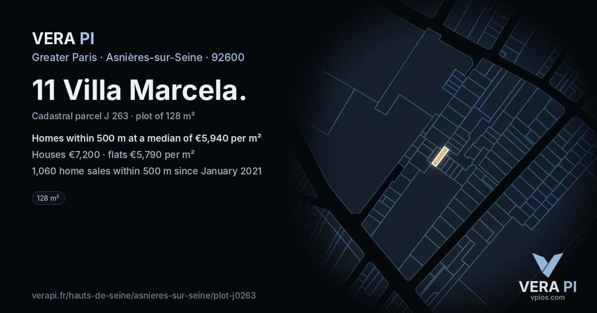 11 Villa Marcela, Asnières-sur-Seine at night – the plot lit, the parcels around coloured by the prices near them