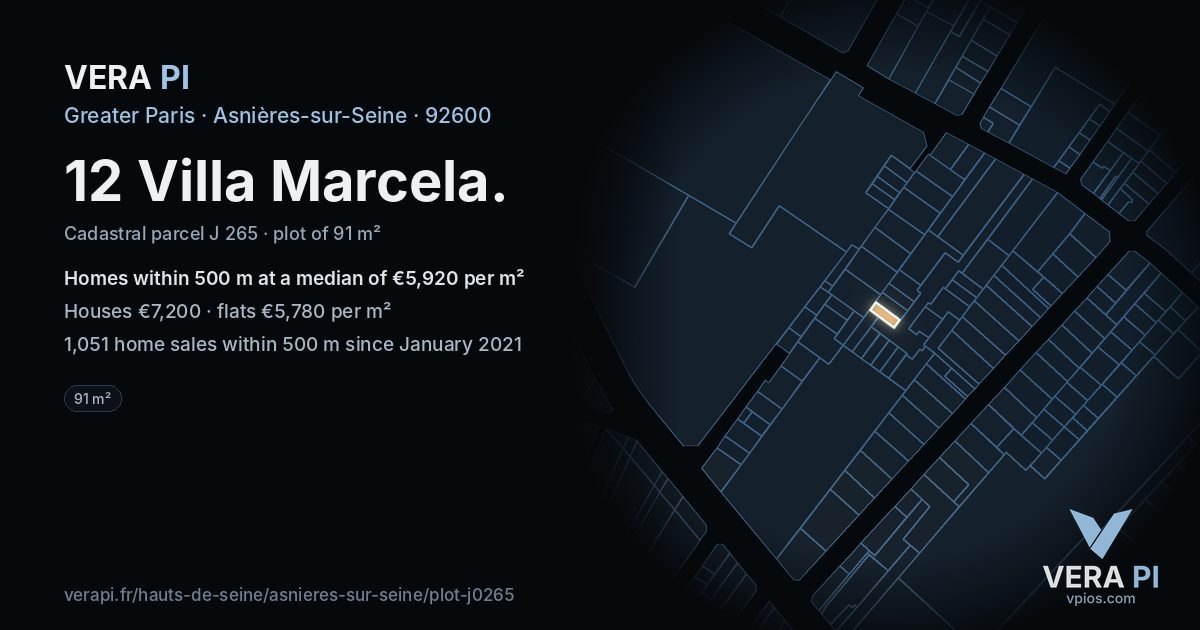 12 Villa Marcela, Asnières-sur-Seine at night – the plot lit, the parcels around coloured by the prices near them