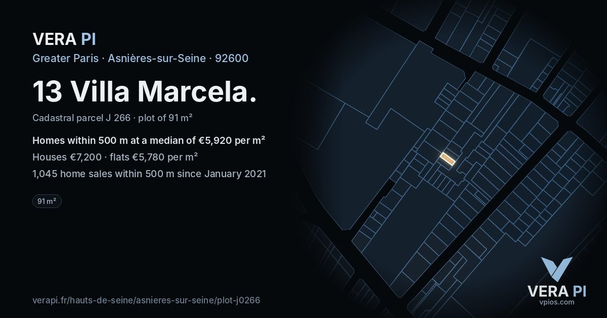 13 Villa Marcela, Asnières-sur-Seine at night – the plot lit, the parcels around coloured by the prices near them