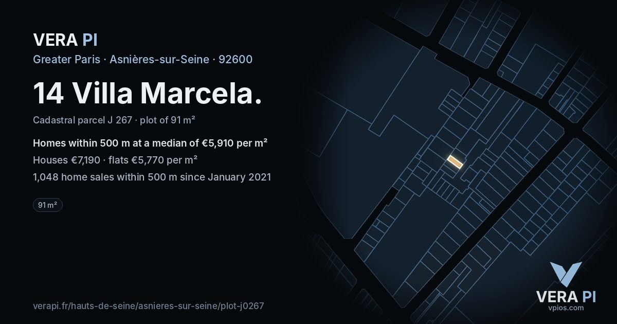 14 Villa Marcela, Asnières-sur-Seine at night – the plot lit, the parcels around coloured by the prices near them