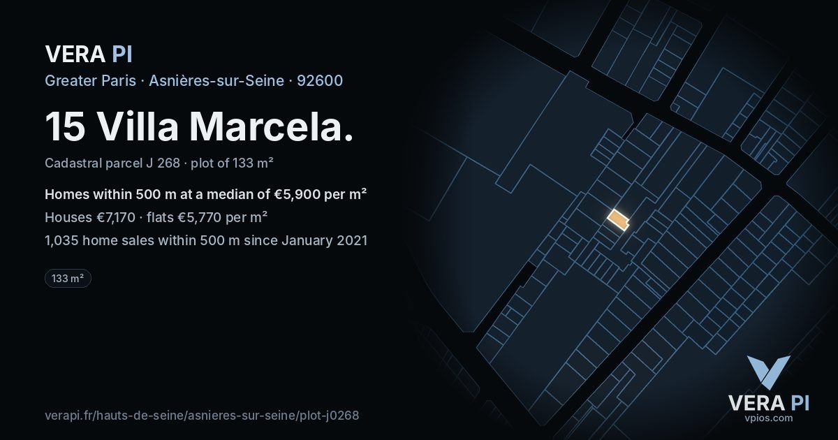 15 Villa Marcela, Asnières-sur-Seine at night – the plot lit, the parcels around coloured by the prices near them
