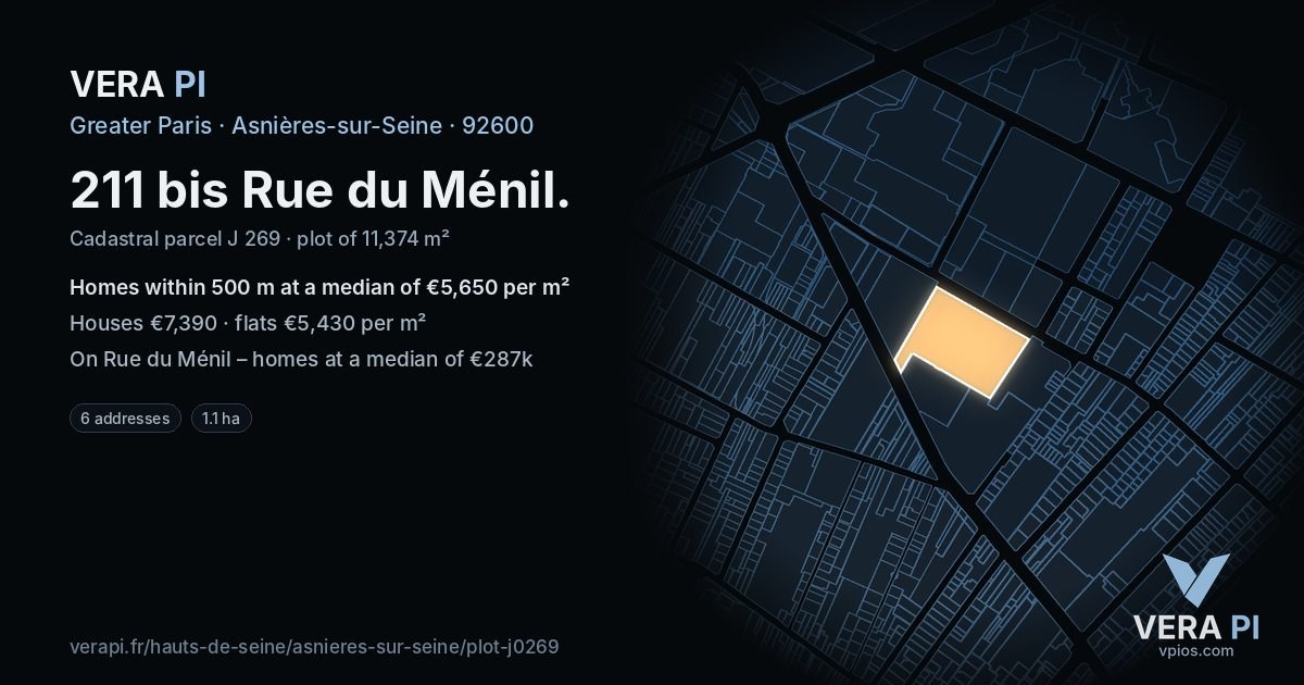 211 bis Rue du Ménil, Asnières-sur-Seine at night – the plot lit, the parcels around coloured by the prices near them