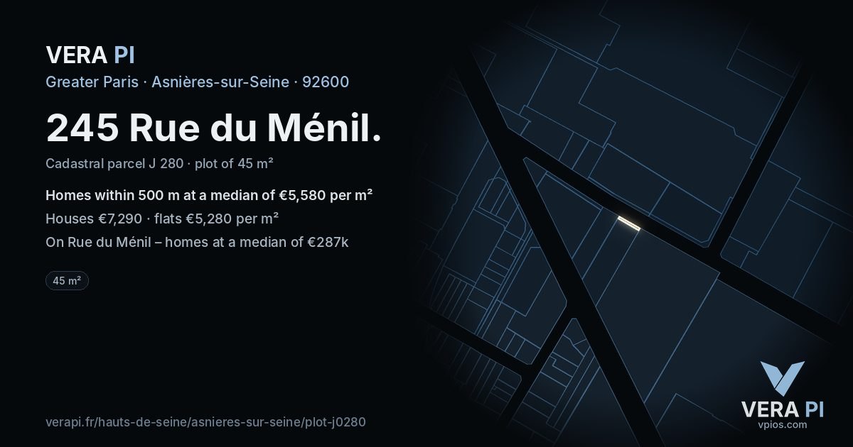 245 Rue du Ménil, Asnières-sur-Seine at night – the plot lit, the parcels around coloured by the prices near them