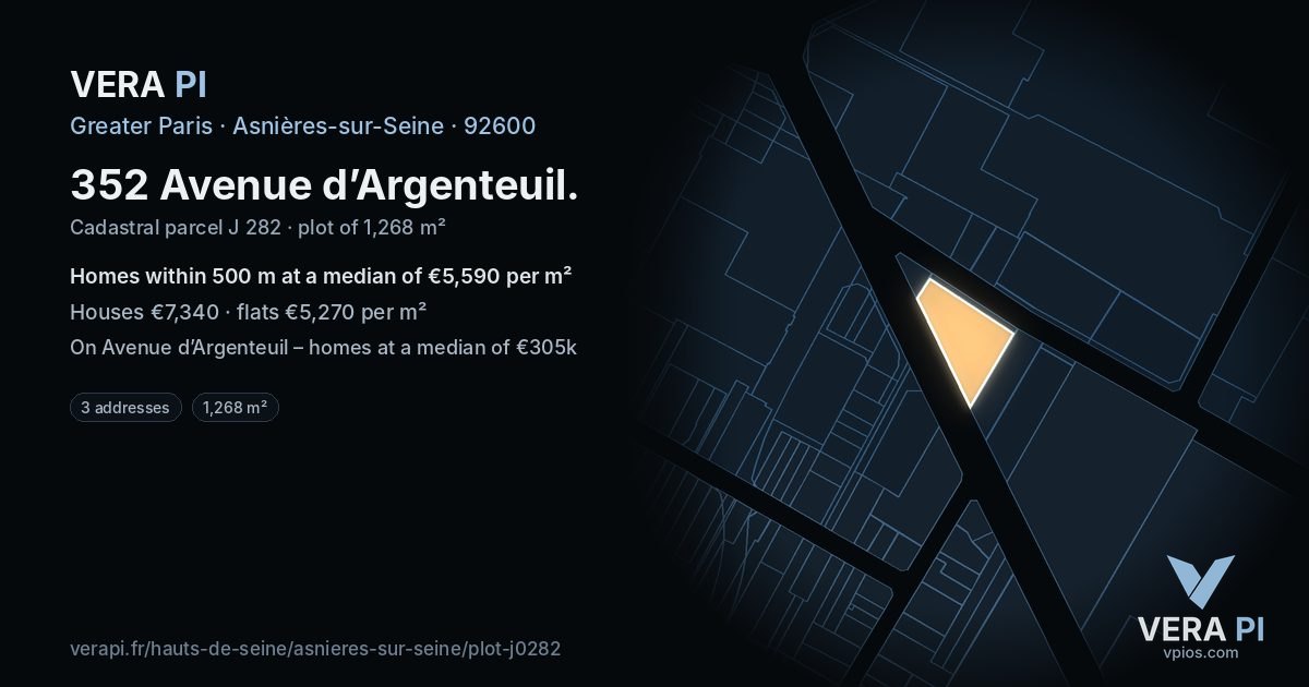 352 Avenue d’Argenteuil, Asnières-sur-Seine at night – the plot lit, the parcels around coloured by the prices near them