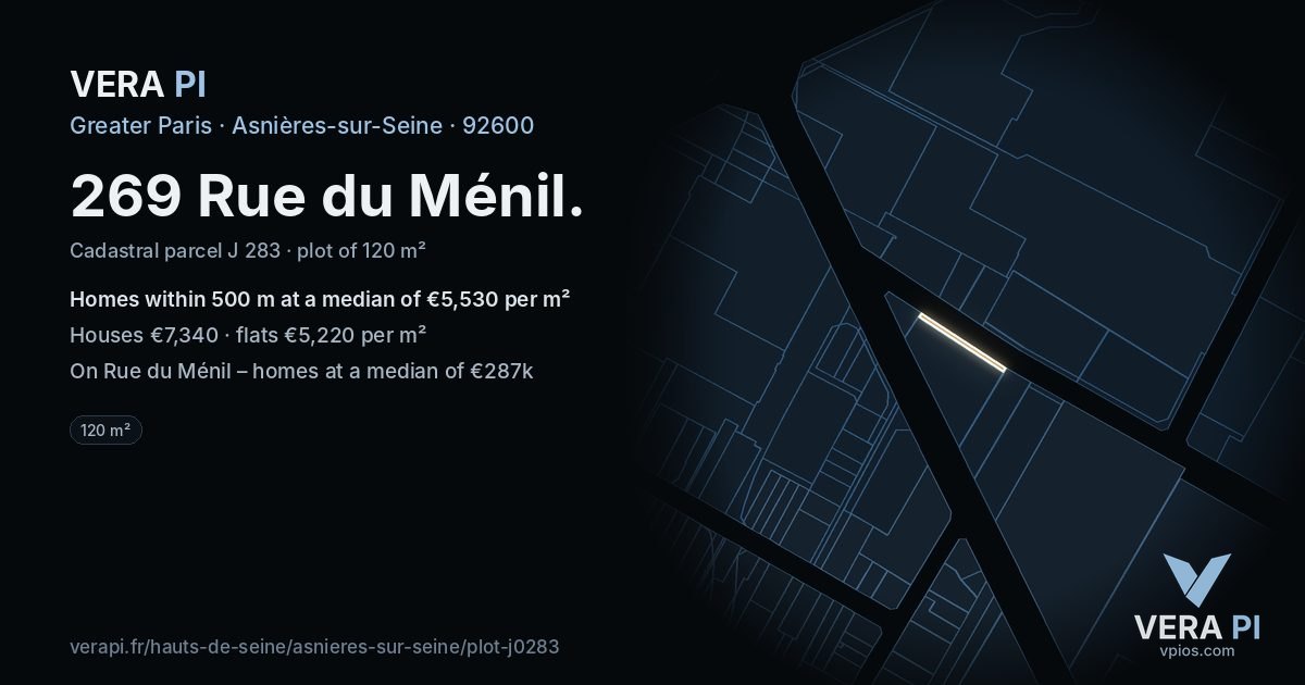 269 Rue du Ménil, Asnières-sur-Seine at night – the plot lit, the parcels around coloured by the prices near them