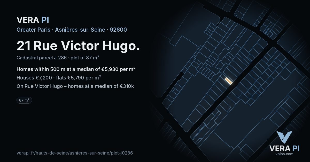 21 Rue Victor Hugo, Asnières-sur-Seine at night – the plot lit, the parcels around coloured by the prices near them