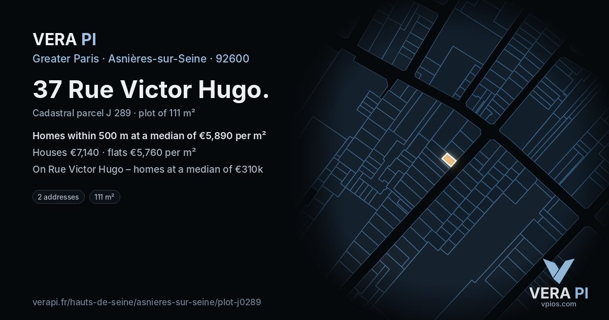 37 Rue Victor Hugo, Asnières-sur-Seine at night – the plot lit, the parcels around coloured by the prices near them