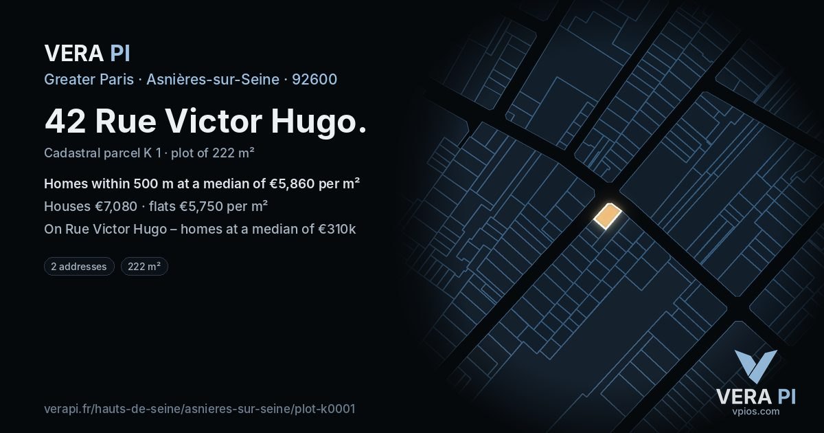 42 Rue Victor Hugo, Asnières-sur-Seine at night – the plot lit, the parcels around coloured by the prices near them