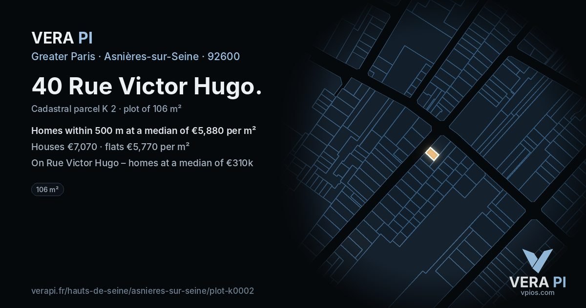 40 Rue Victor Hugo, Asnières-sur-Seine at night – the plot lit, the parcels around coloured by the prices near them