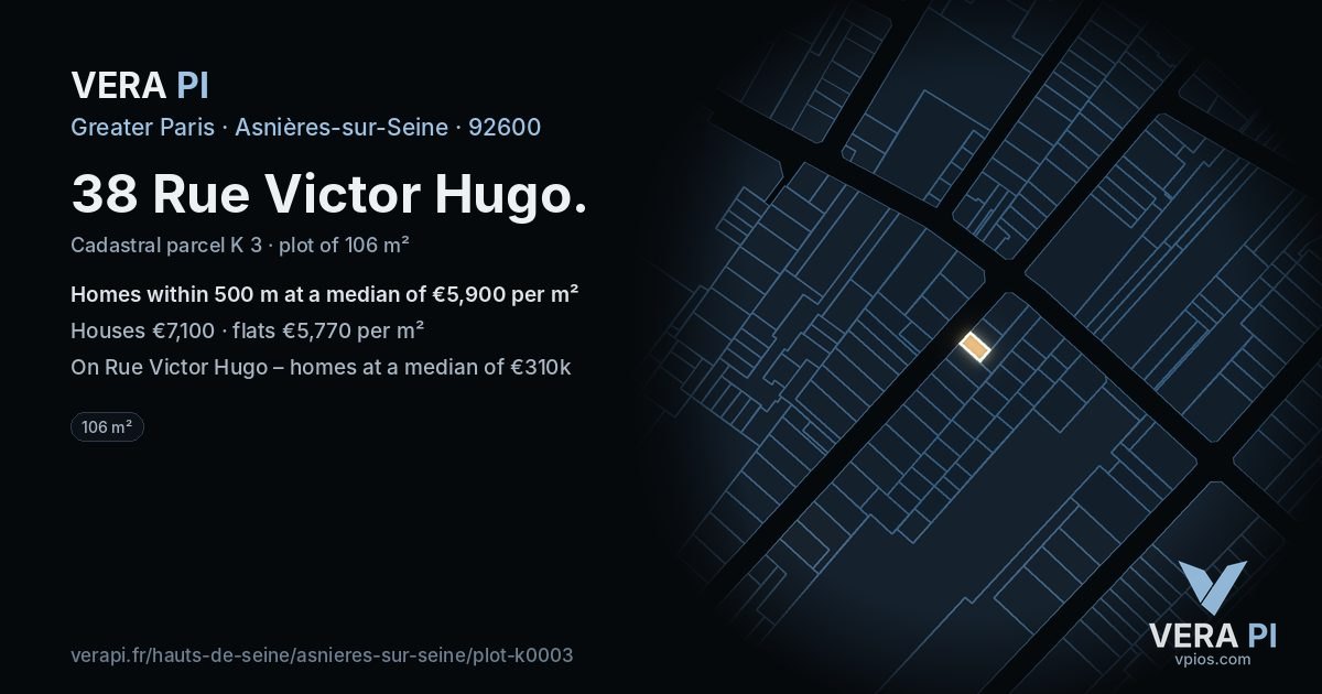 38 Rue Victor Hugo, Asnières-sur-Seine at night – the plot lit, the parcels around coloured by the prices near them